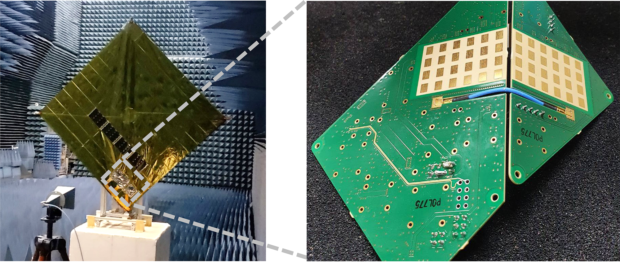 Left figure: space deployable non-planar phased-array transceiver. Right figure: non-planar phased-array transceiver board (plan to launch in 2022)